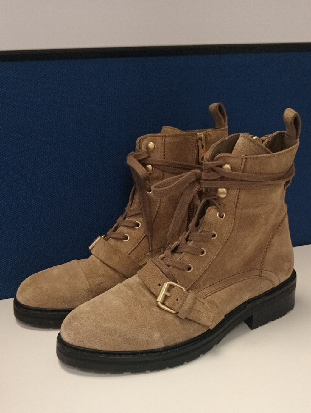 AllSaints Tan Suede Lace-Up Buckle Combat Boots